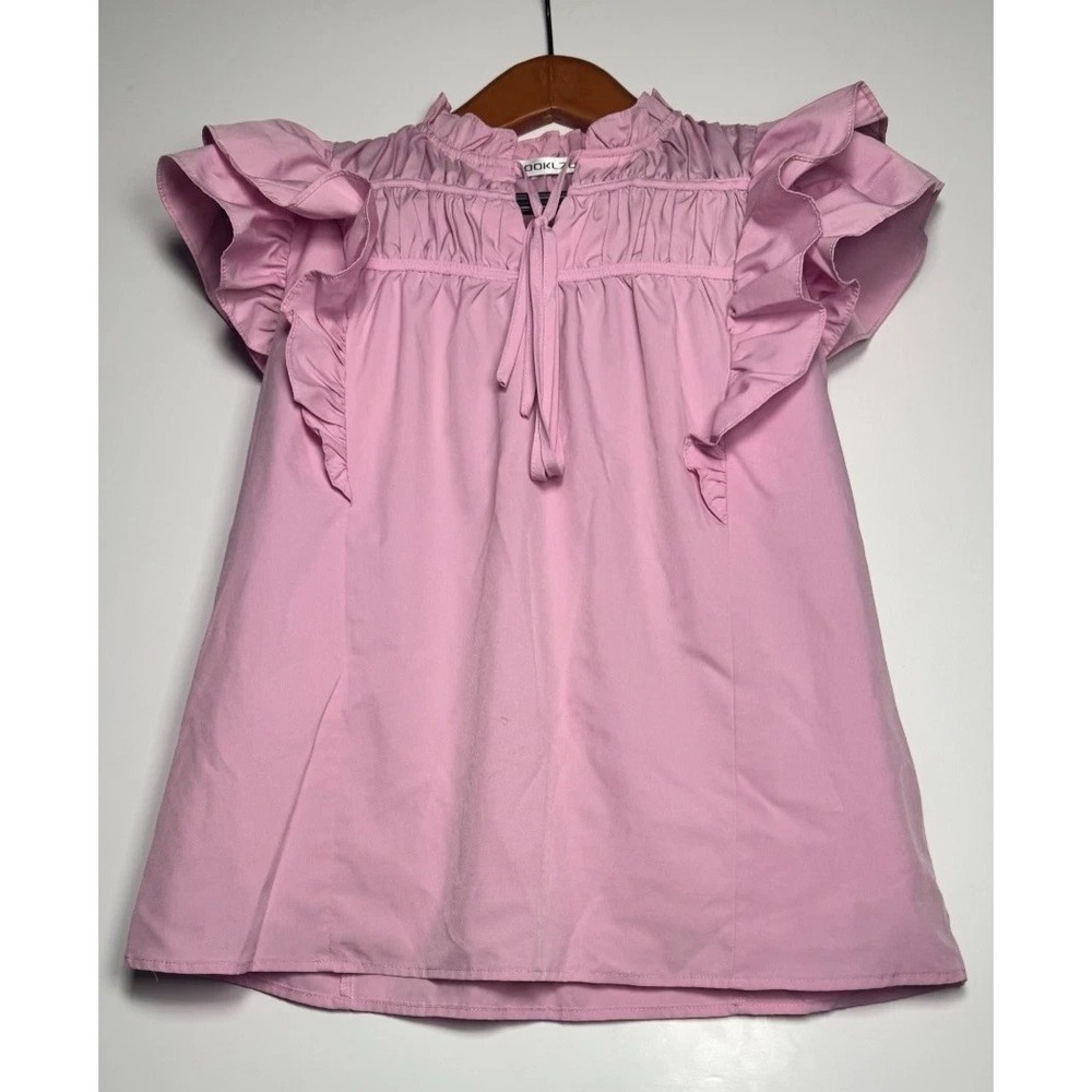 Hooklzo Blouse Top Womens Small Pink Flutter Sleeve Smocked Tie Neck Pleated